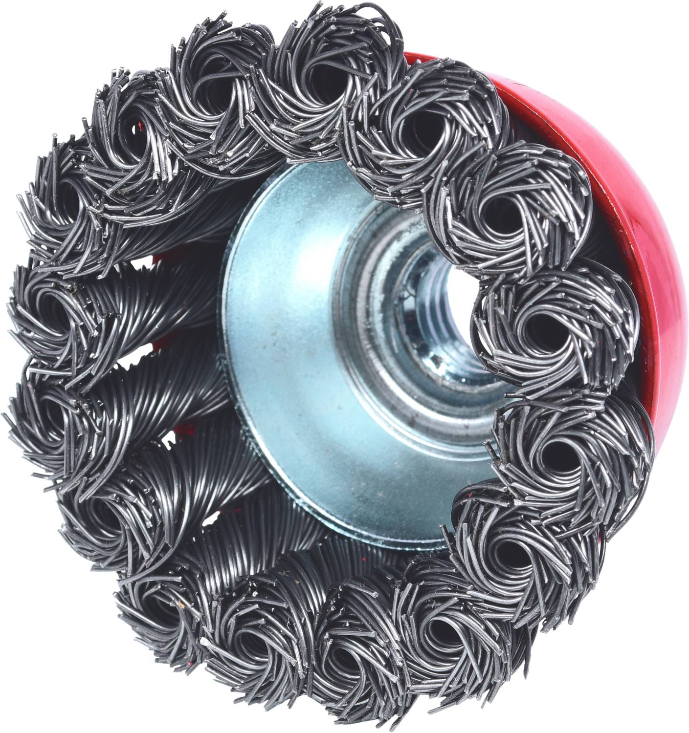 Drahtbürste in runder Form mit vielen verdrillten Drahtbüscheln und rotem Kunststoffkörper, geeignet zum Reinigen von Oberflächen.