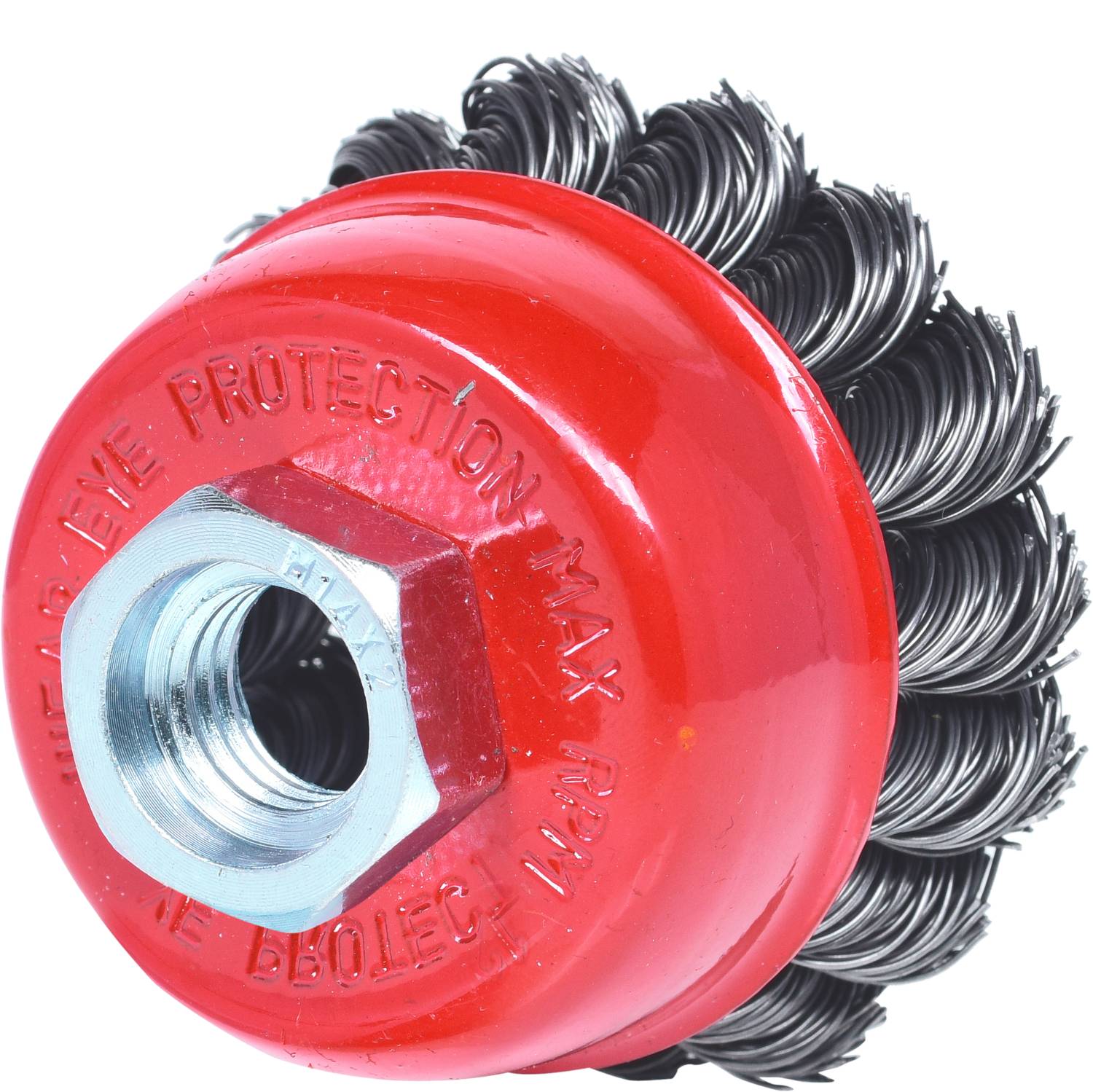 Runde Drahtbürste mit rotem Metallgehäuse und Drahtborsten. Geeignet zur Reinigung und Entrosten von Oberflächen.