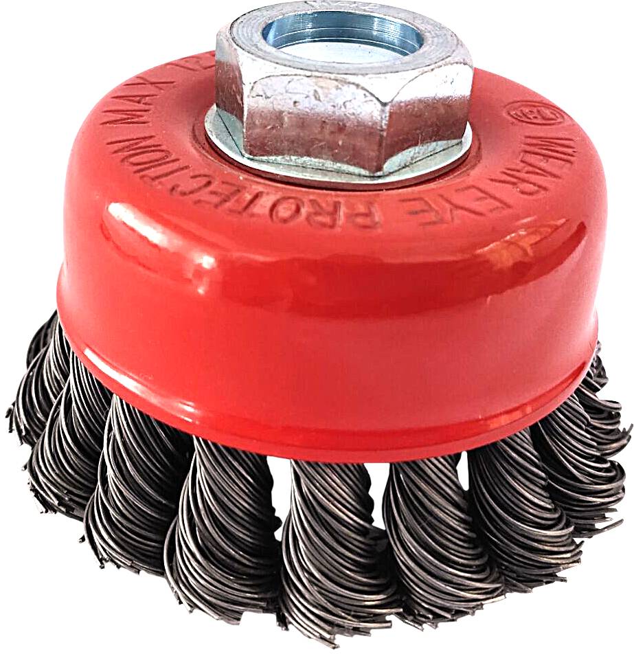 Rote Topfbürste mit gedrehten Drahtborsten und silberner Sechskantmutter oben, verwendet zur Reinigung oder Entrostung.