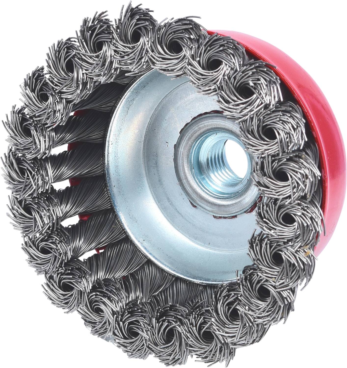 Eine runde Drahtbürste mit roten Kunststoffelementen, geeignet für die Bearbeitung von Metalloberflächen.