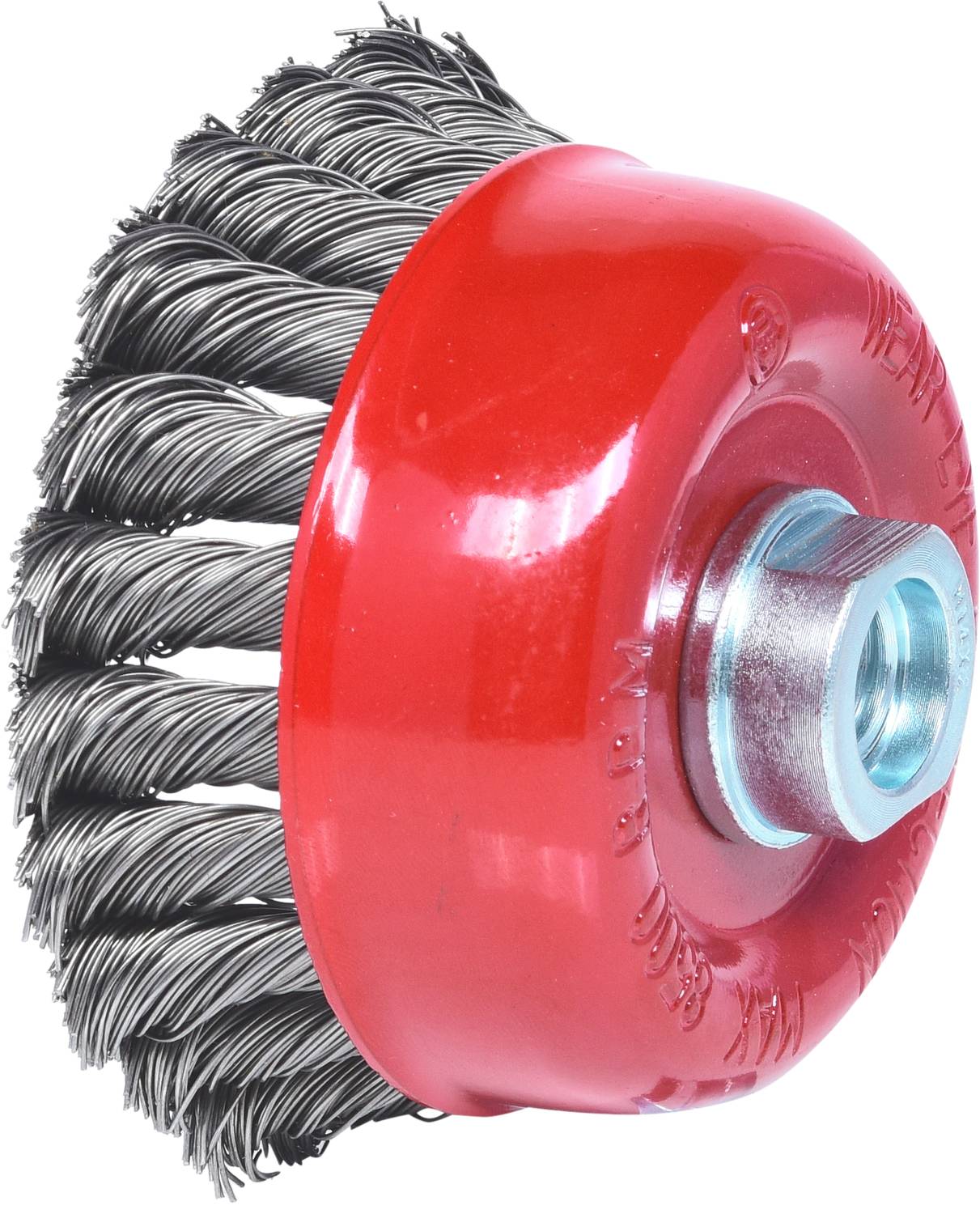 Metalldrahtbürste mit roten Gehäuse und spiralförmigen Borsten, verwendet zur Reinigung oder Entfernung von Rost und Farbe.