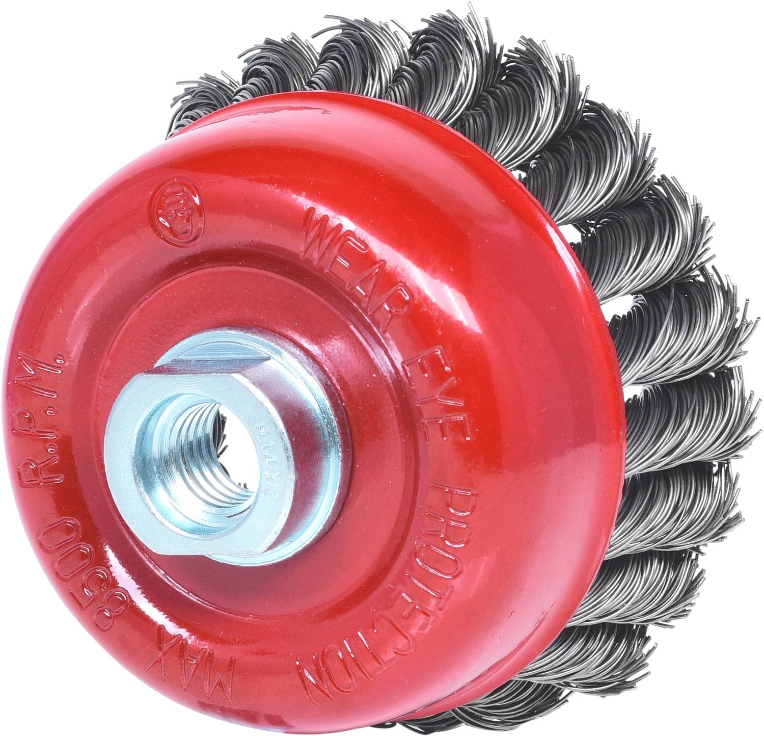 Eine rot-schwarze Drahtbürste mit der Aufschrift 'WEAR EYE PROTECTION' und einem Metallgewinde in der Mitte.