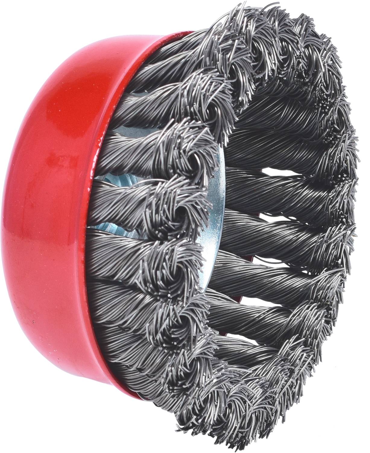 Rote Drahtbürste mit verdrehten Borsten, geeignet für die Reinigung von Metalloberflächen oder zur Entfernung von Rost.