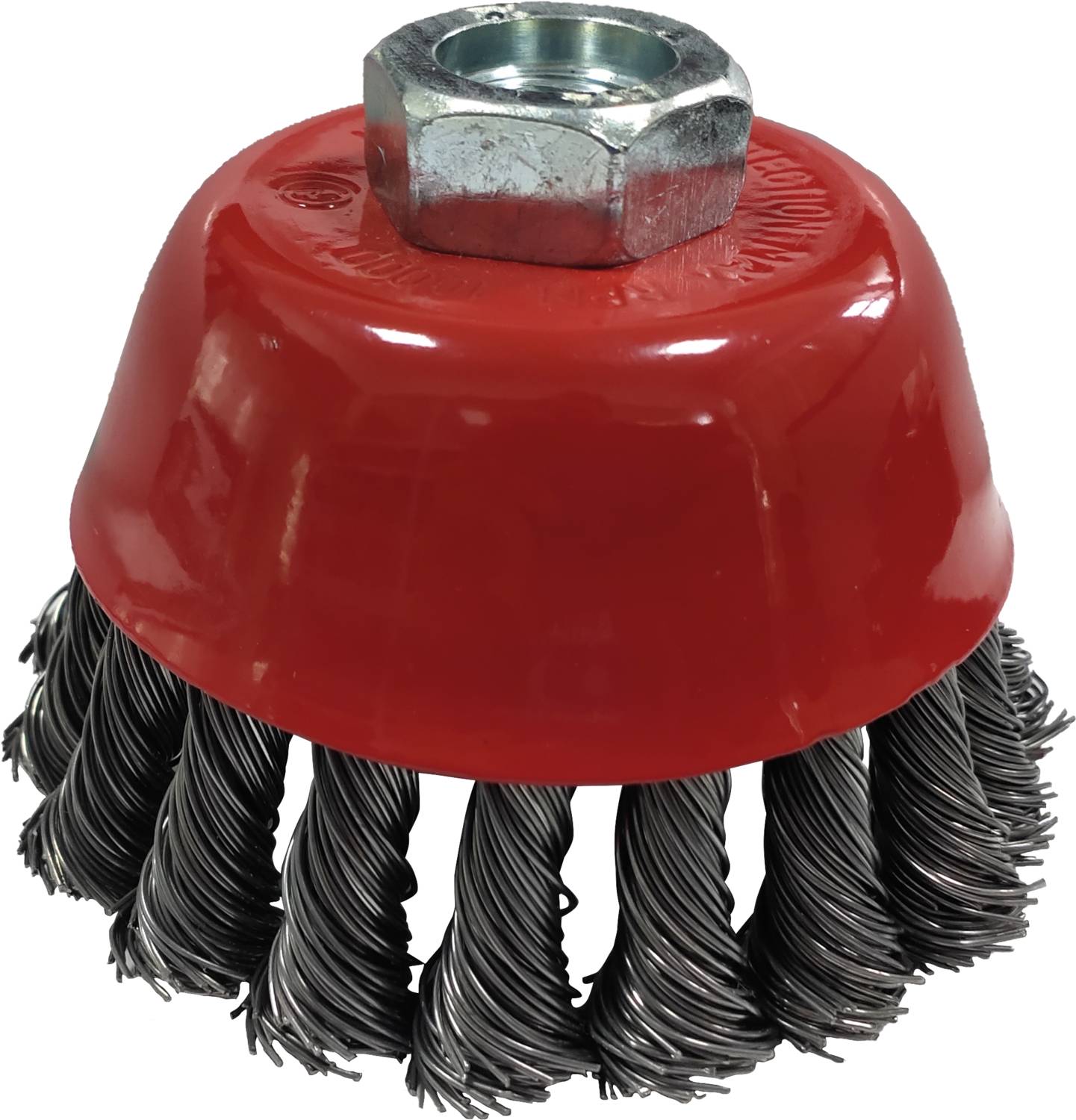 Eine rote Topfbürste mit verdrillten Stahlborsten und einer sechseckigen Befestigungsmutter oben. Geeignet zum Reinigen und Entrosten.