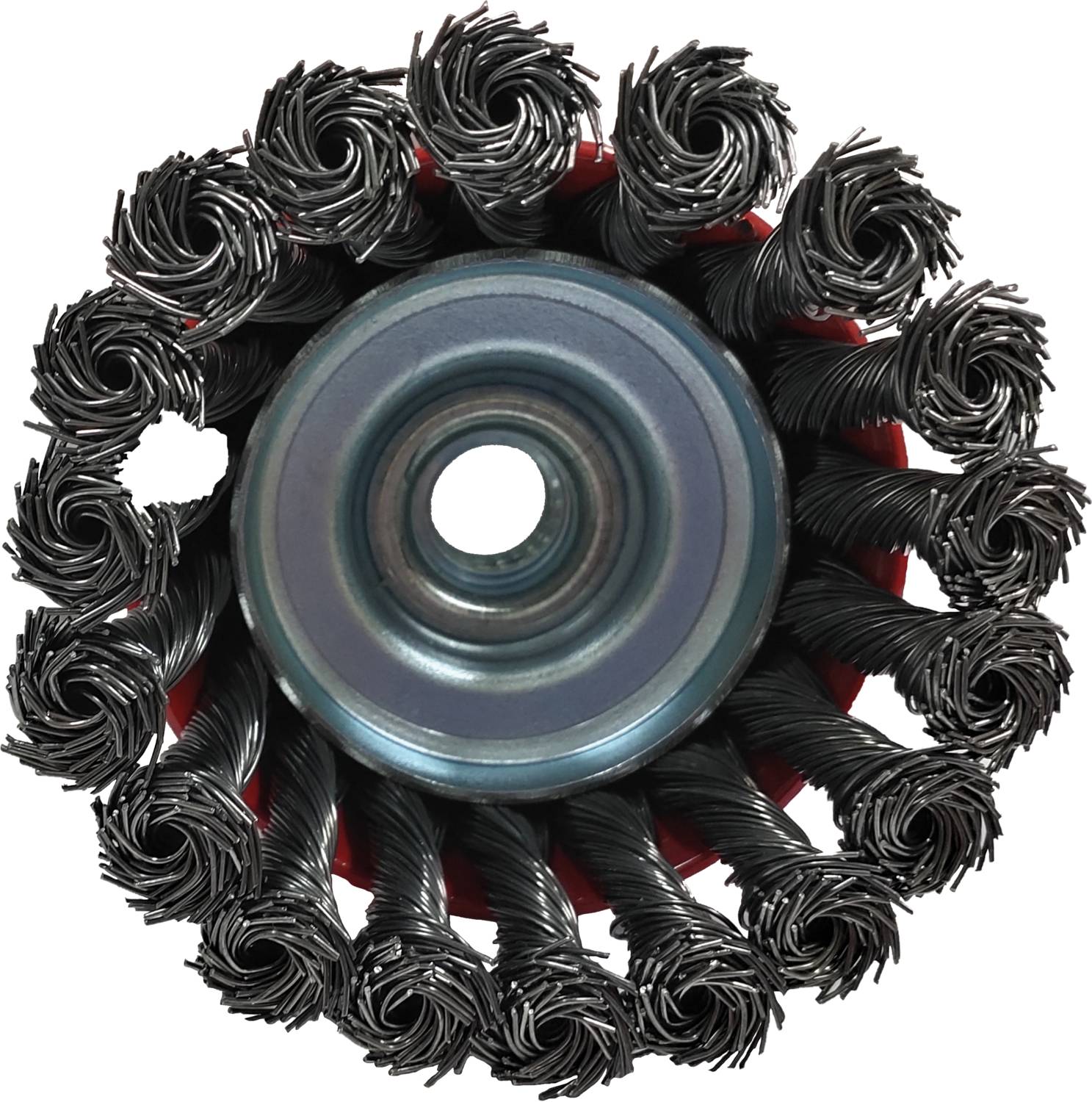 Stahlbürstenscheibe mit verdrillten Drahtborsten, geeignet zur Entfernung von Rost und Farbe auf Metalloberflächen.