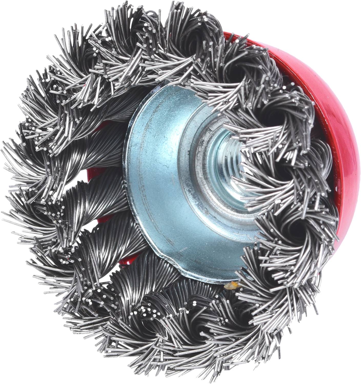 Drahtbürstenaufsatz mit dichtem, spiralförmigem Drahtgeflecht und rotem Außenrand, nahe Ansicht.
