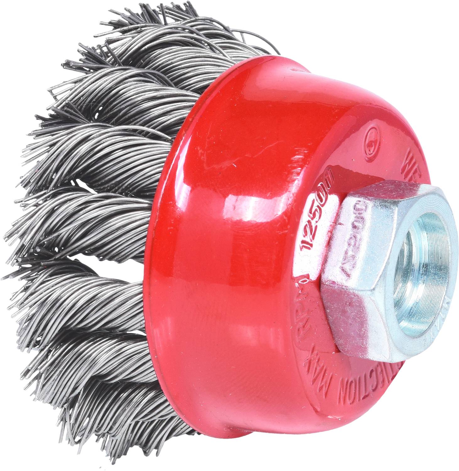 Drahtbürstenaufsatz mit roten Kunststoffgehäuse und gedrehten Stahldrähten, verwendet zur Entfernung von Rost oder Farbe auf Metalloberflächen.