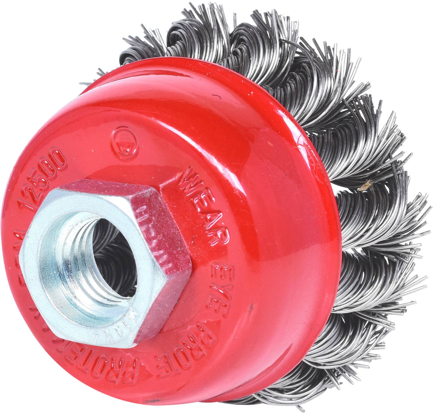 Runde Drahtbürste mit roten Metallgehäuse und Borstenbüscheln, geeignet für Reinigung oder Schruppen von Oberflächen.
