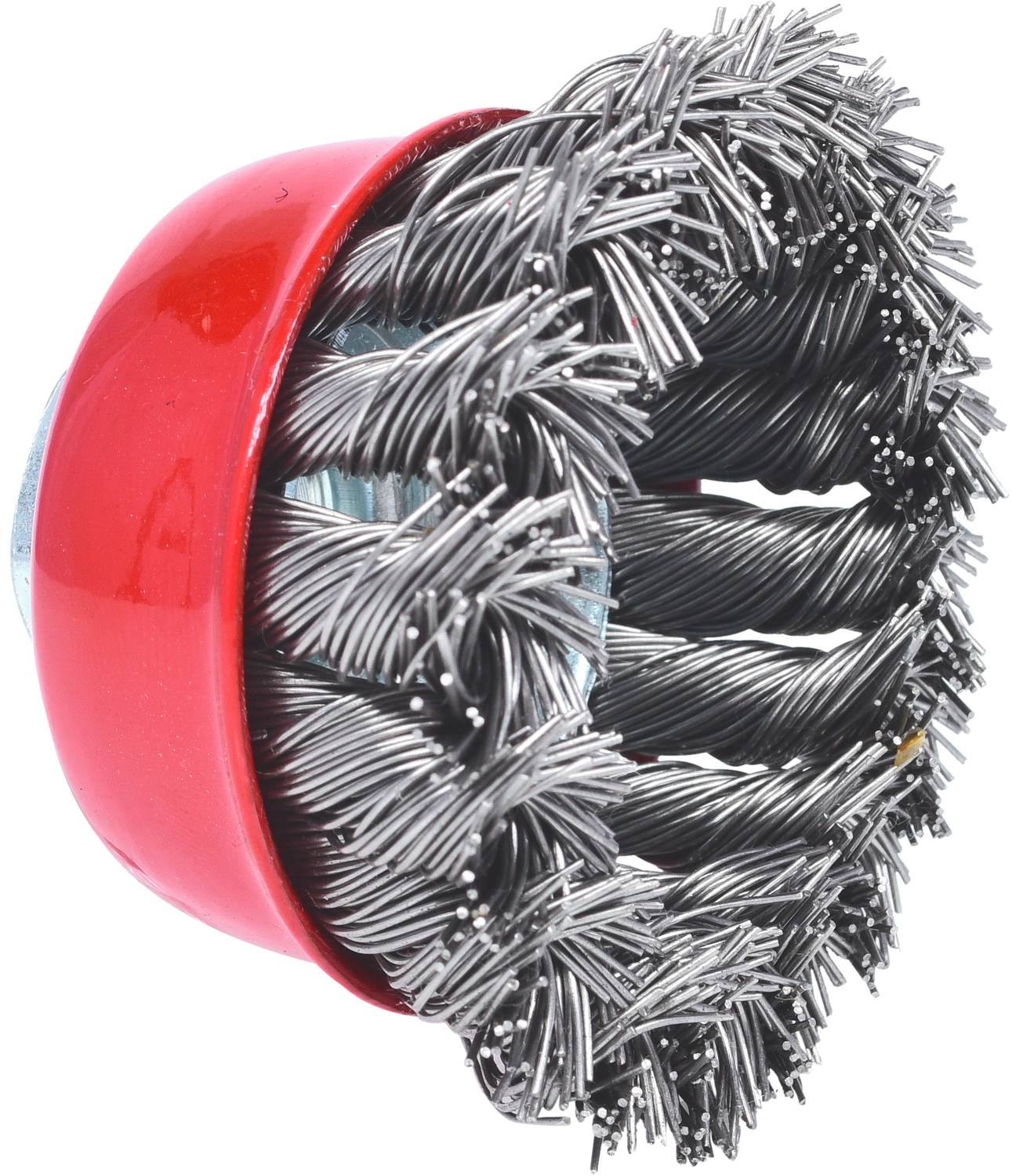 Runde Stahlbürste mit roten Metallgehäuse und dichten Borsten, geeignet für die Reinigung von Metalloberflächen.