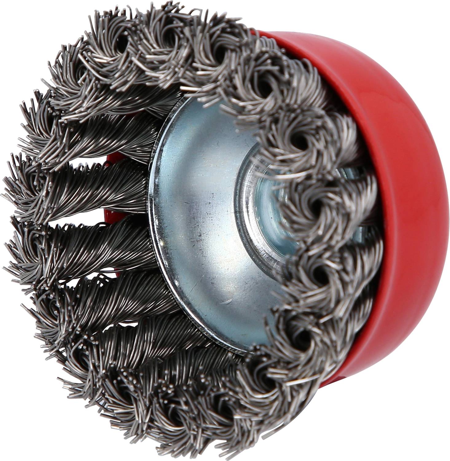 Runde Drahtbürste mit rotem Kunststoffgehäuse, geeignet für die Reinigung von Metalloberflächen oder zur Rostentfernung.