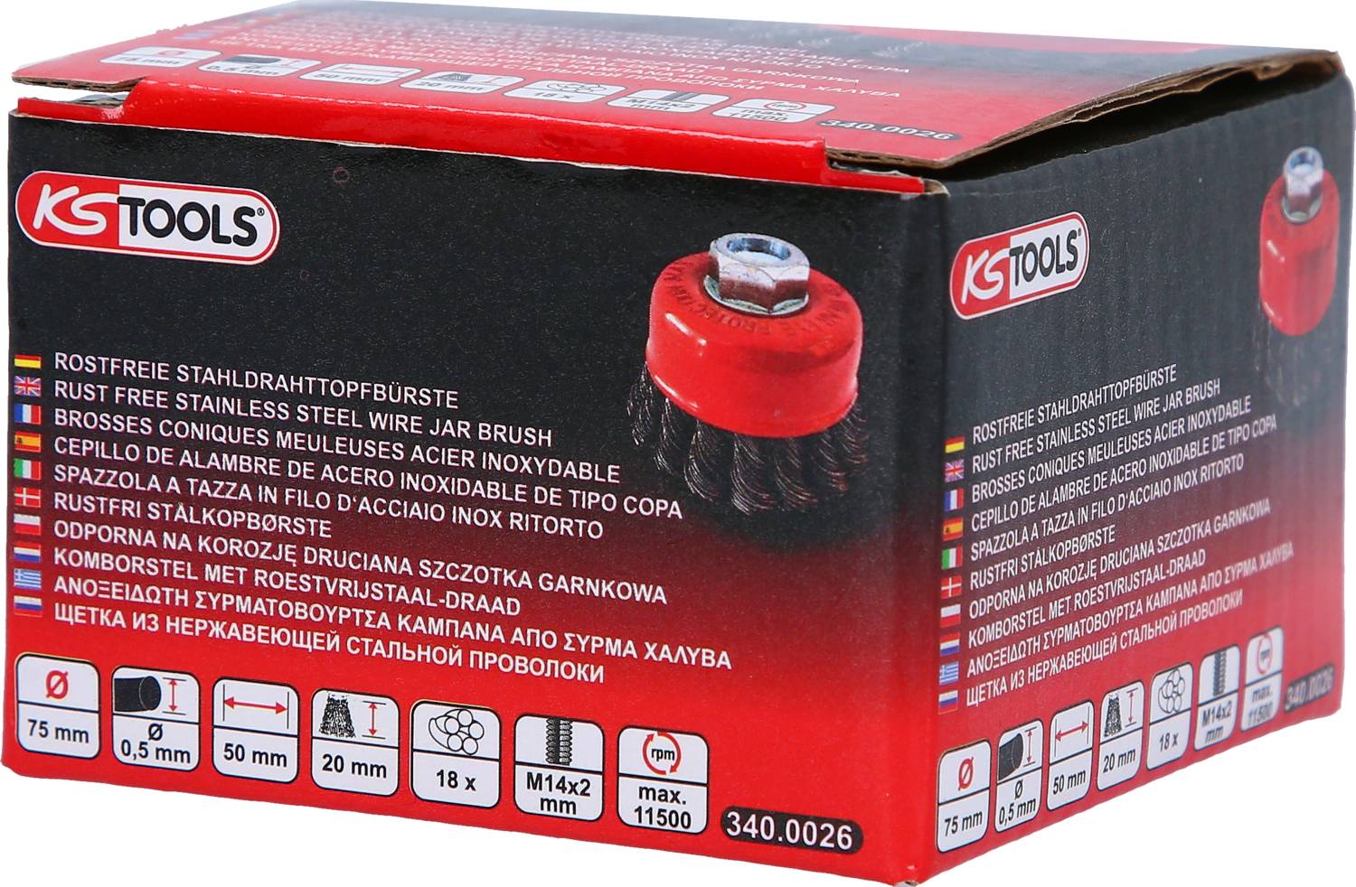 Seitenansicht einer Verpackung mit einer Edelstahl-Topfbürste von KS Tools, inklusive Symbolen und technischen Spezifikationen.