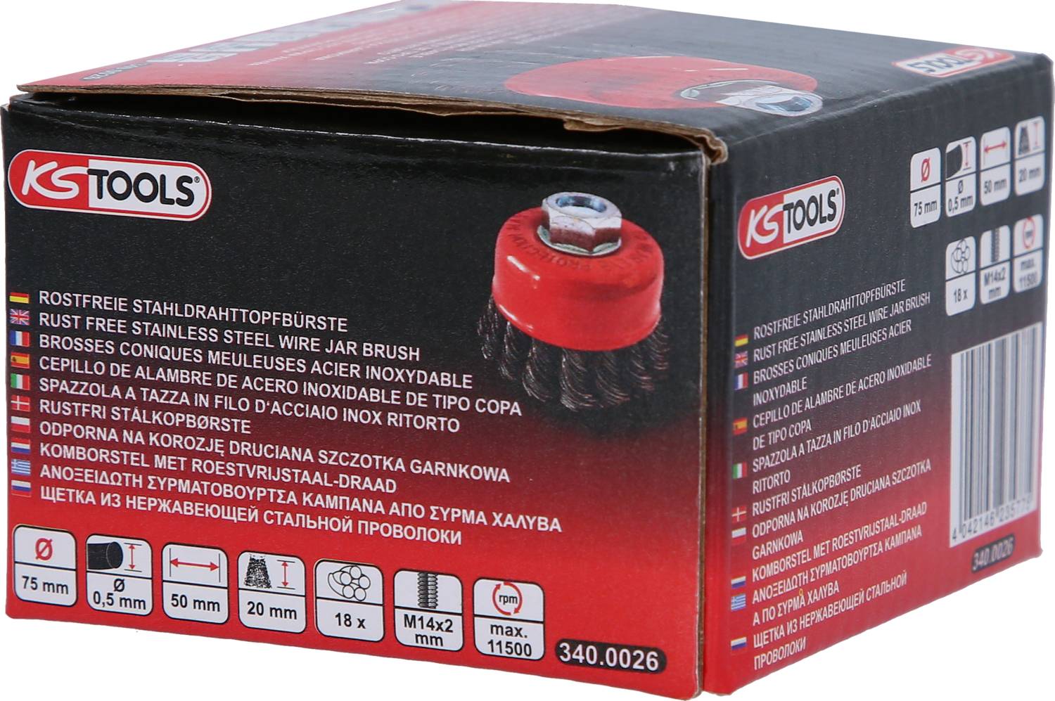 Verpackung einer rostfreien Stahldrahttopfbürste von KS Tools. Enthält Spezifikationen wie Durchmesser 75 mm, M14x2 Gewinde, max. 11.500 U/min.