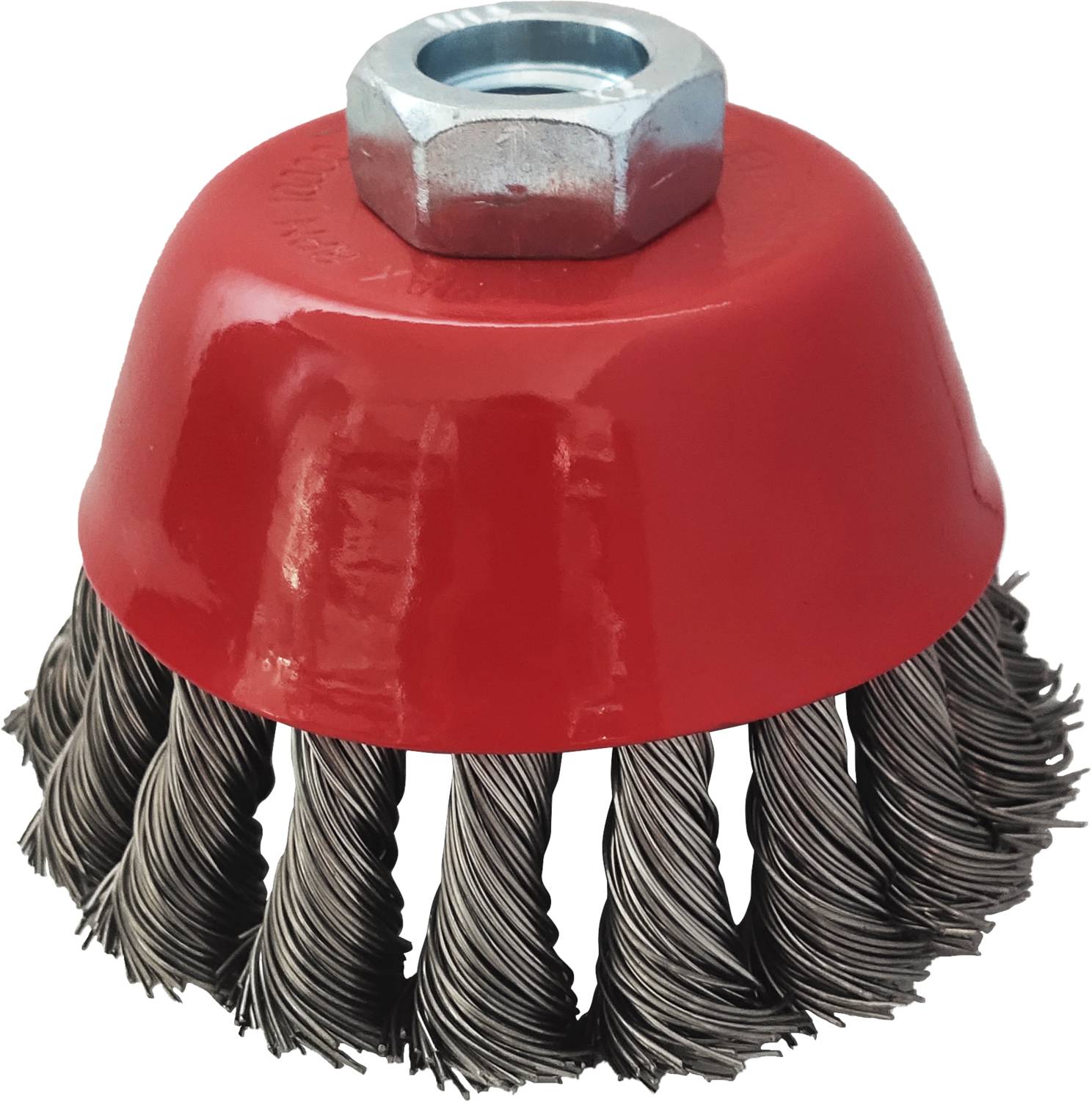 Runde Drahtbürste mit rotem Metallgehäuse und geflochtenen Stahldrahtborsten, oben mit sechseckiger Schraubbefestigung.