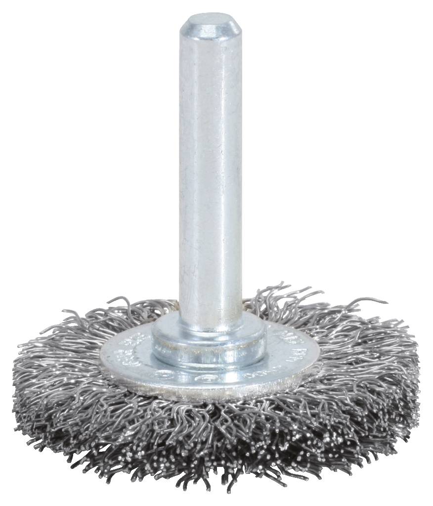 Runde Metallbürste mit Borsten aus Stahldraht, befestigt an einem zylindrischen Stift für den Gebrauch mit einer Bohrmaschine.