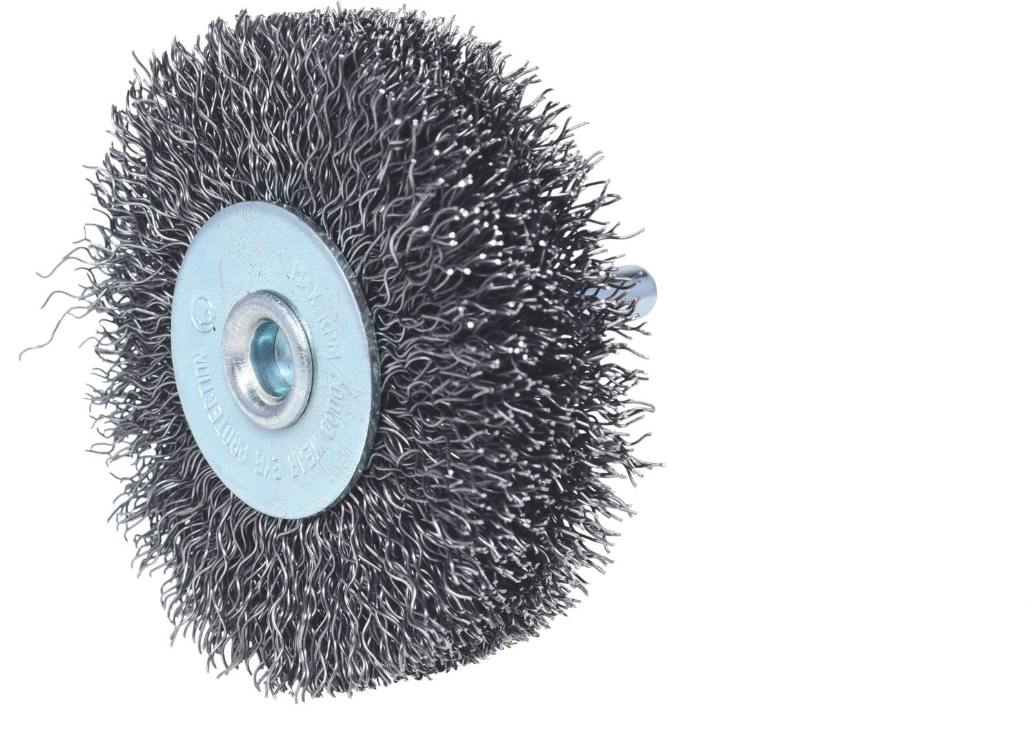 Runde Drahtbürste mit feinen Metalldrähten, montiert auf einer Spindel. Verwendet zum Reinigen und Polieren von Oberflächen.