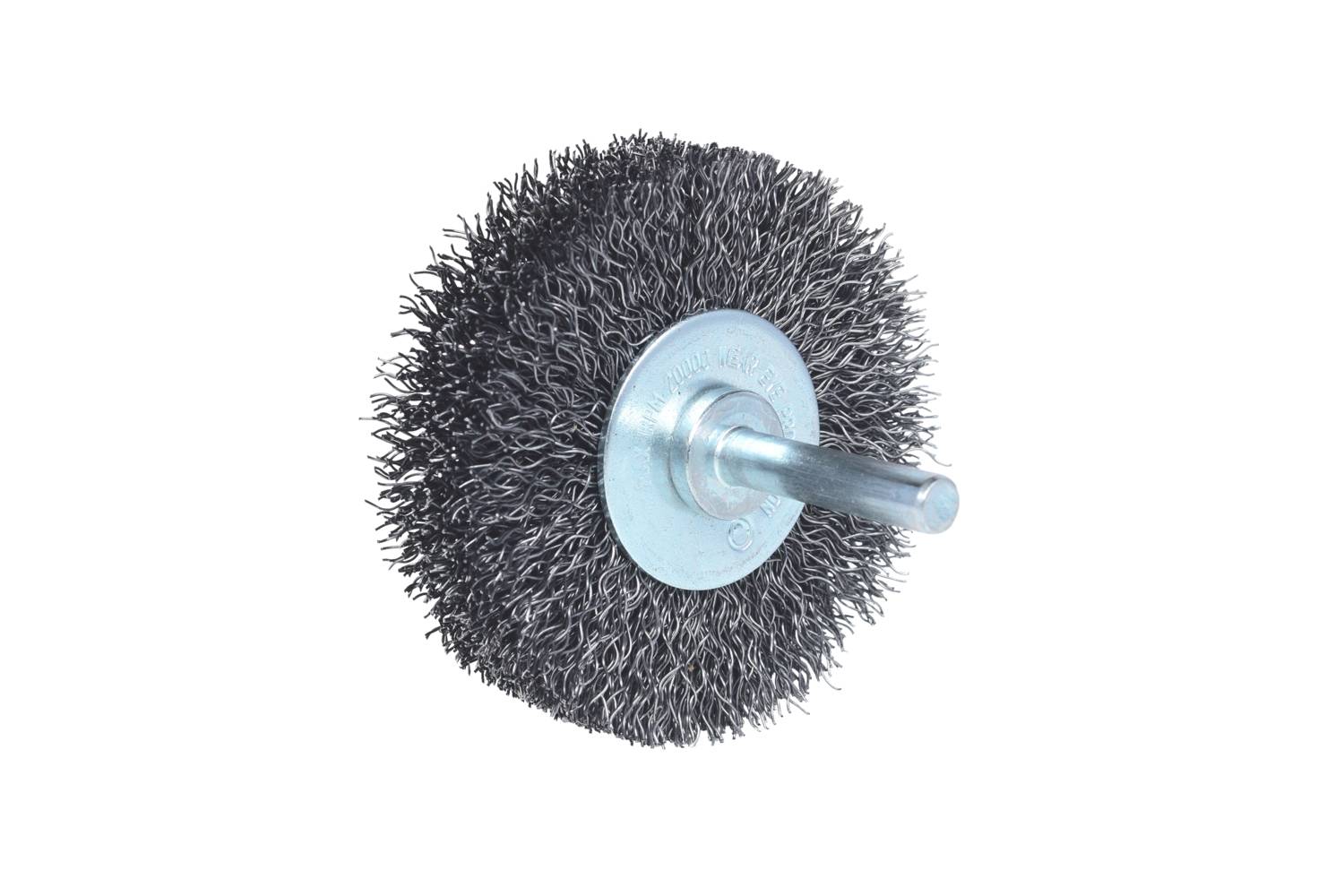 Drahtbürstenaufsatz mit Metallborsten und zylindrischem Schaft, geeignet für die Reinigung oder das Entfernen von Rost an Oberflächen.