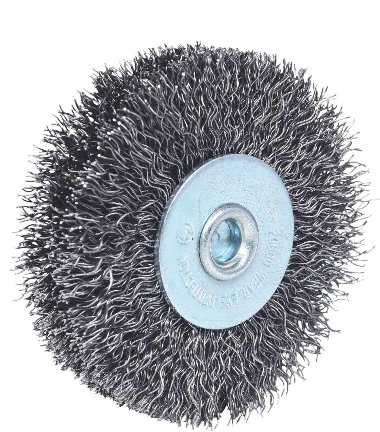 Eine runde Drahtbürste mit Metallborsten, geeignet zum Reinigen und Entrosten von metallischen Oberflächen.