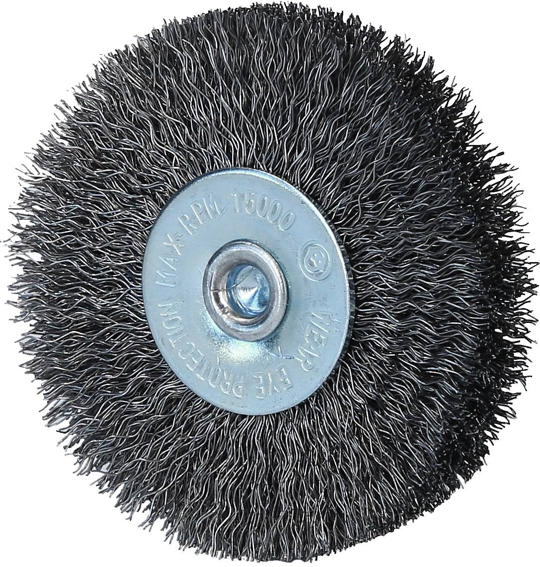 Drahtbürstenaufsatz mit dichtem, radial angeordnetem Draht, geeignet für Schleifmaschinen. Silberne Metallscheibe in der Mitte.