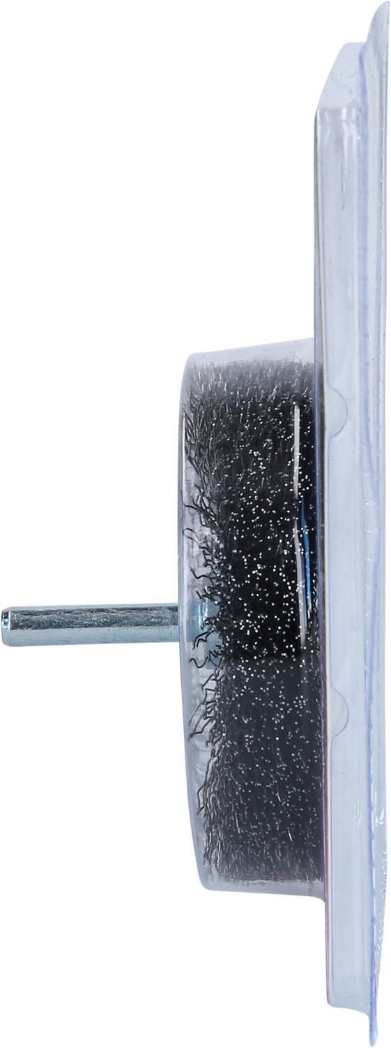 Drahtbürstenaufsatz in seitlicher Ansicht, montiert in transparenter Verpackung.