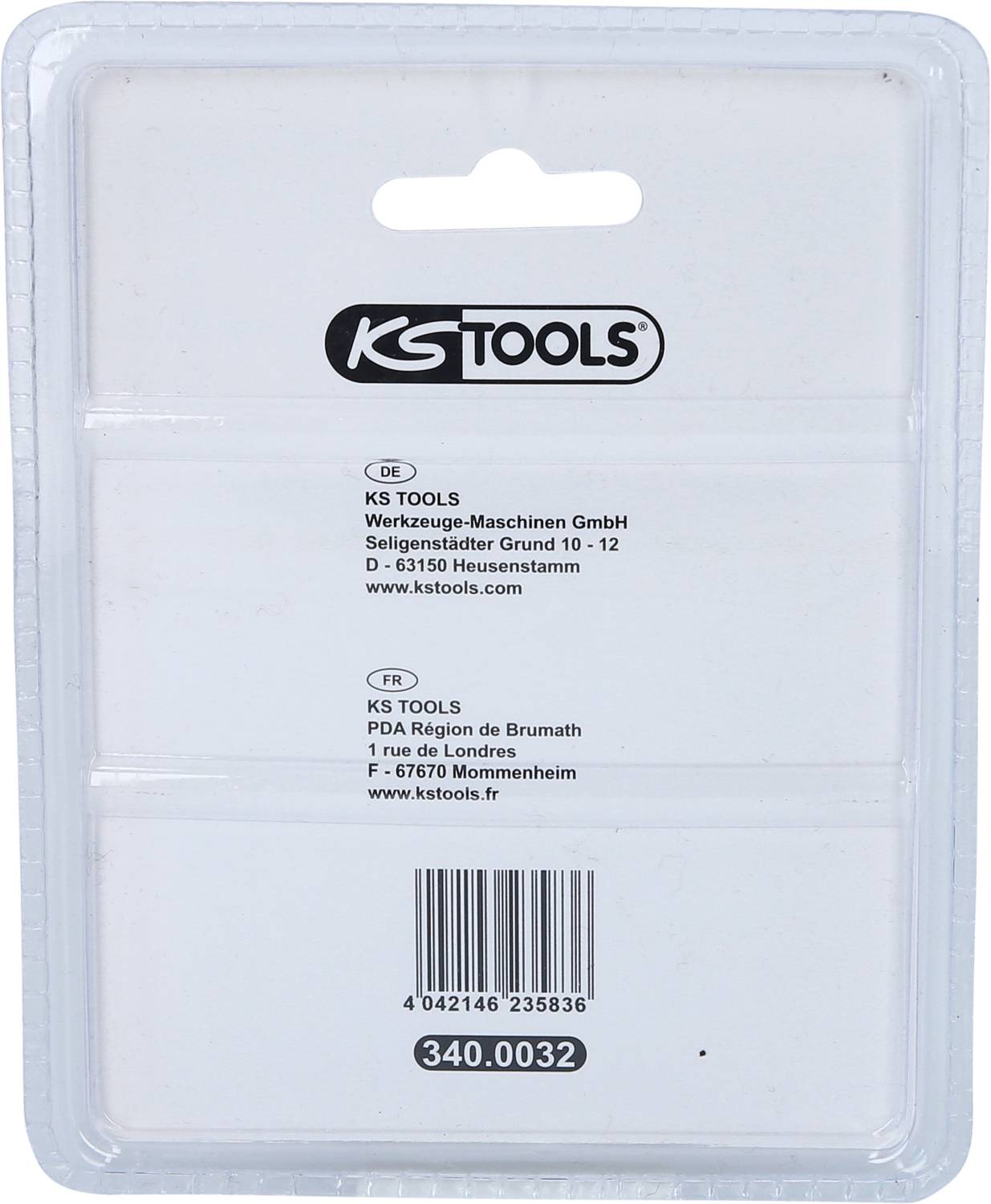 Verpackungsrückseite mit KS Tools Logo und Adressen in Deutschland und Frankreich, Barcode unten, durchsichtige Kunststoffverpackung.