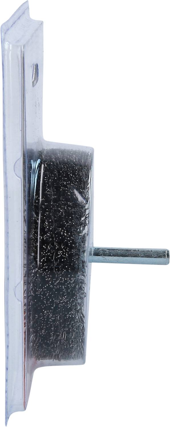 Ein seitlich verpackter runder Drahtbürstenaufsatz mit einem kurzen Metallstift zur Befestigung an einem Werkzeug in durchsichtiger Verpackung.