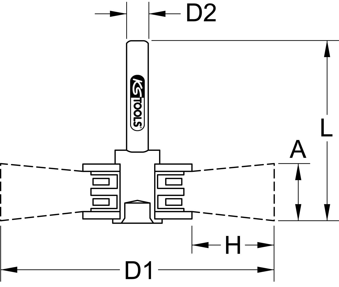 Diagramm eines Abziehers mit Abmessungen: Breite 'D2' oben, Breite 'D1' unten, Abstand 'A' an den Seiten, Höhe 'H', Gesamthöhe 'L'.