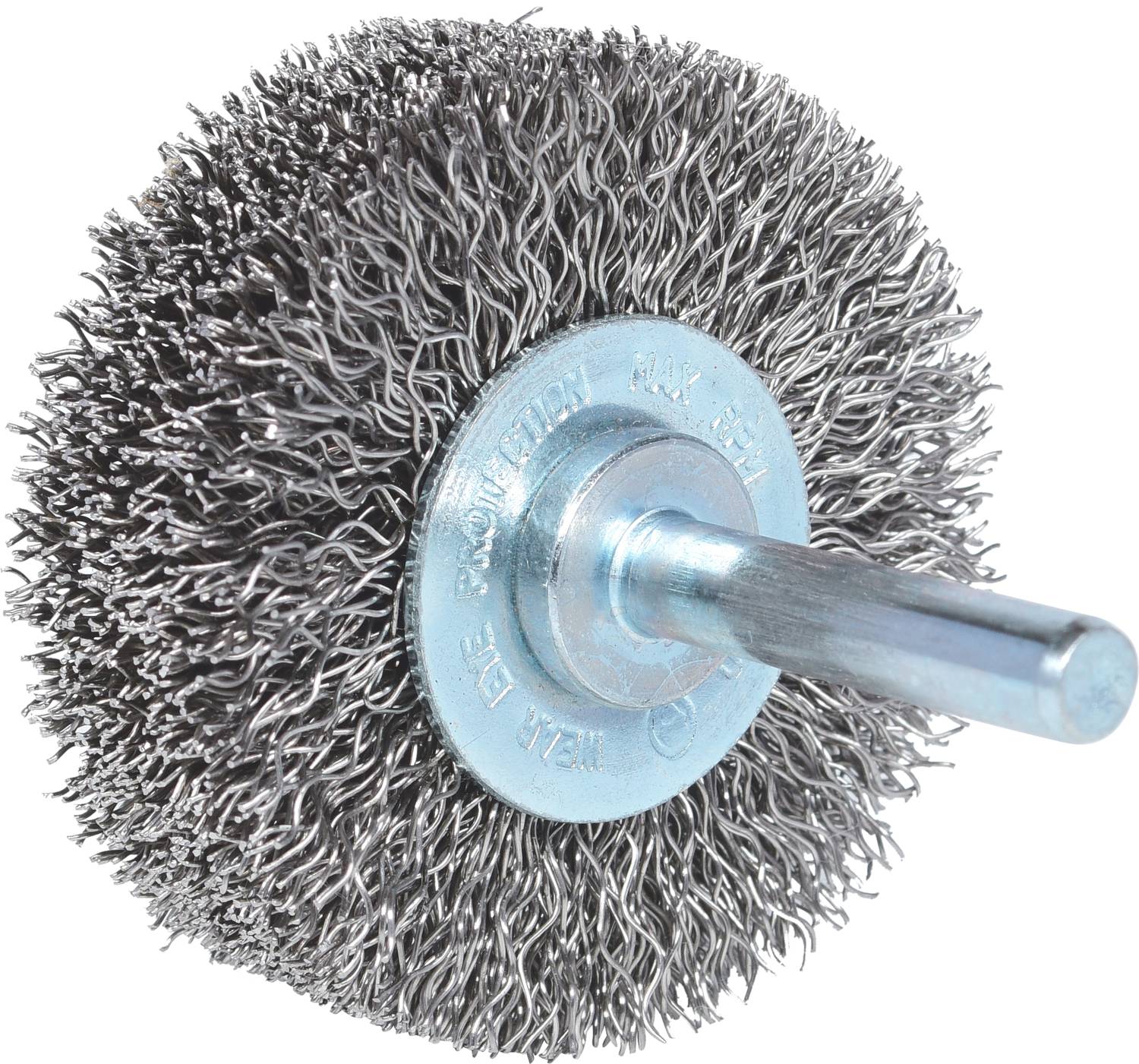 Drahtbürstenaufsatz für Bohrmaschinen. Rund mit Metallborsten, geeignet zum Entrosten oder Reinigen von Oberflächen.