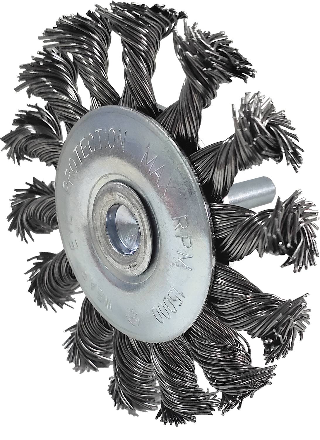 Diese Drahtbürste mit verdrehten Borsten ist rund und metallisch, ideal zum Entfernen von Rost und Farbe auf Metalloberflächen.