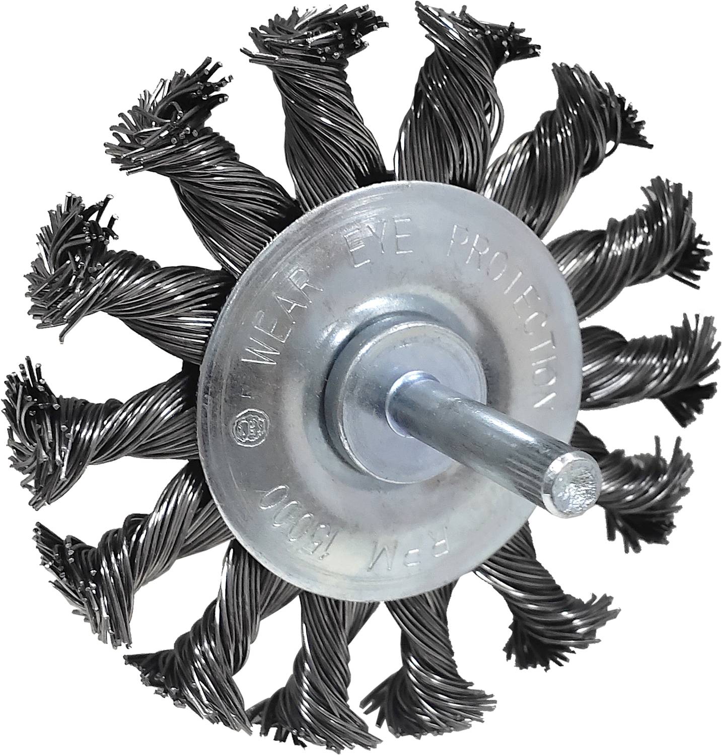 Eine runde Drahtbürste mit gewundenen Stahlborsten und einem zentralen Metallschaft, verwendet zum Reinigen von Oberflächen.