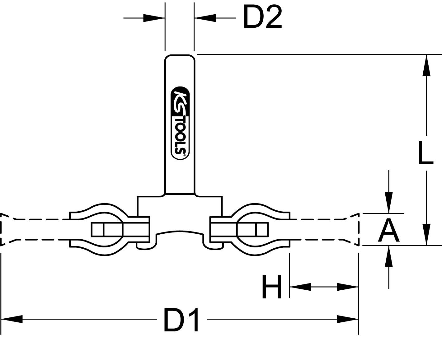 Technische Zeichnung eines Rohrverbinders mit Maßen: D1, D2, L, H, A. Zeigt Produktdetails und Abmessungen. Markierung 'KS Tools'.