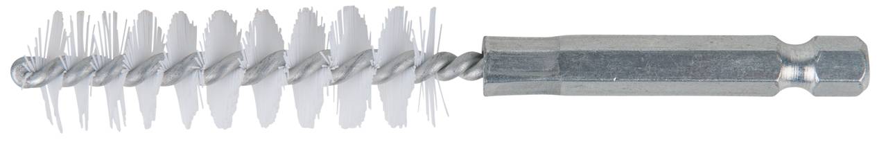 Metallborstenbürste mit kurzem Griff, verwendet zum Reinigen von Oberflächen oder Rohren. Sie hat dichte weiße Borsten.