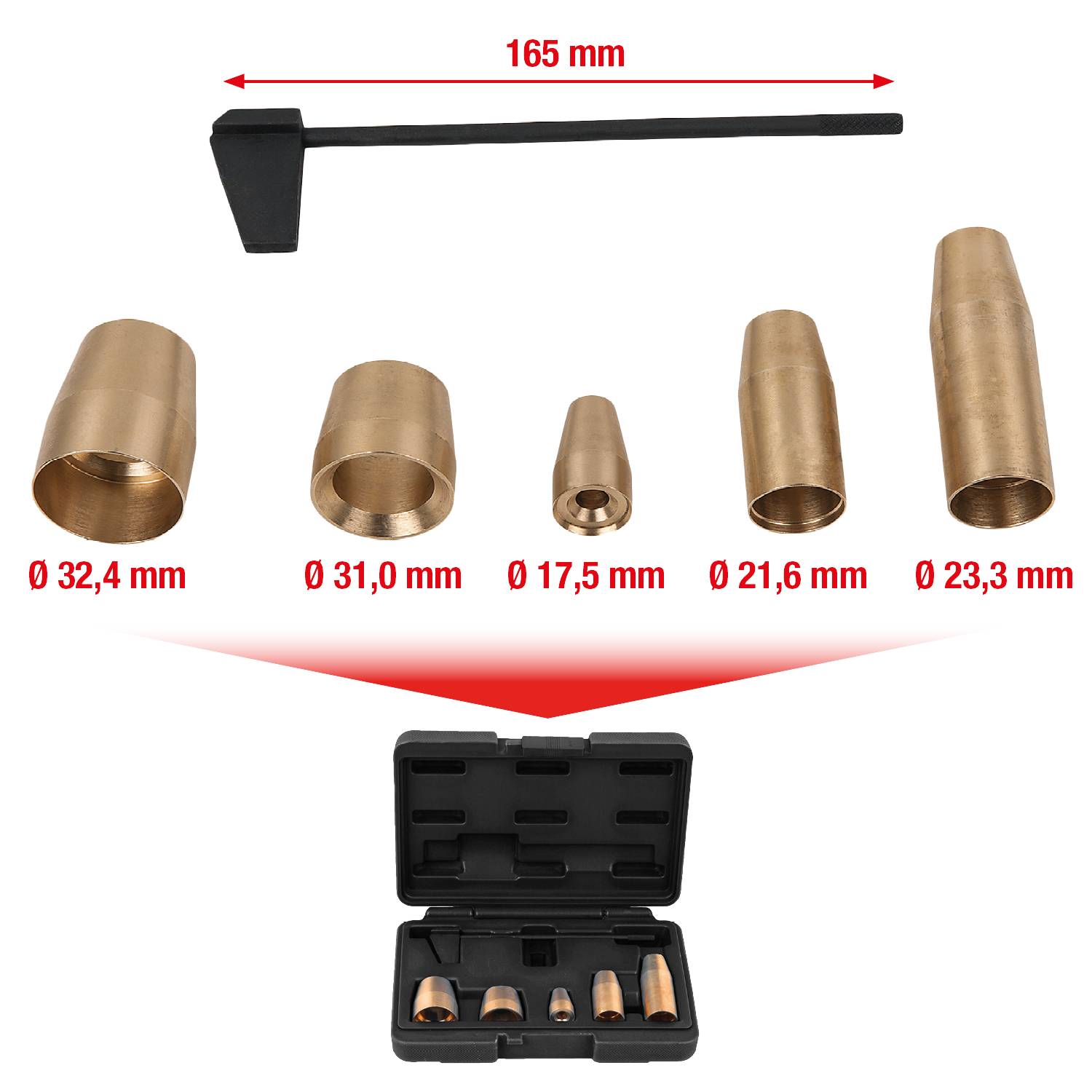 Ein Satz aus fünf konischen Metallformen in unterschiedlichen Durchmessern. Ein 165 mm langer Stab und ein schwarzer Koffer sind enthalten.