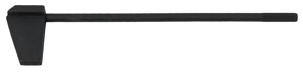 Ein schwarzes Metall-Werkzeug mit langem Griff und breitem Kopf, möglicherweise ein spezialisierter Hebel oder Hammer.