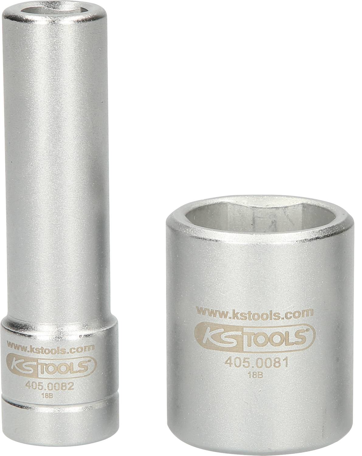 Zwei silberne Steckschlüsselaufsätze von KS Tools, einer lang, der andere kurz. Geeignet für Schraubarbeiten, Produkte nummeriert.