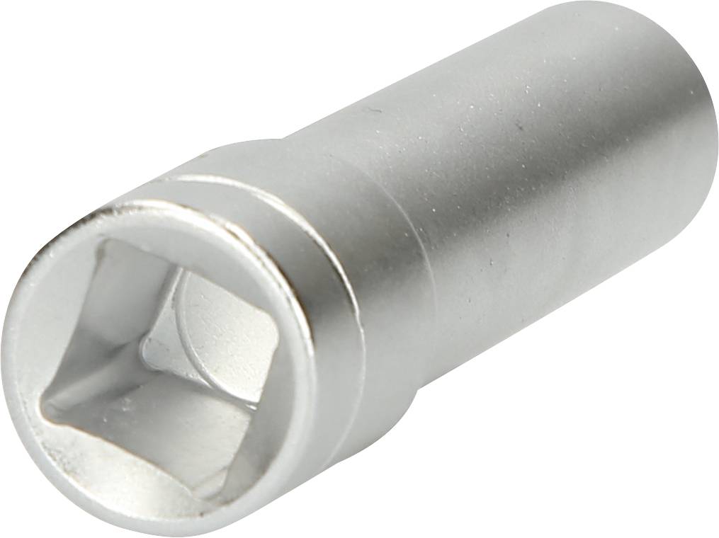 Metallischer Steckschlüsseleinsatz mit quadratischer Öffnung, geeignet für Schraubarbeiten.