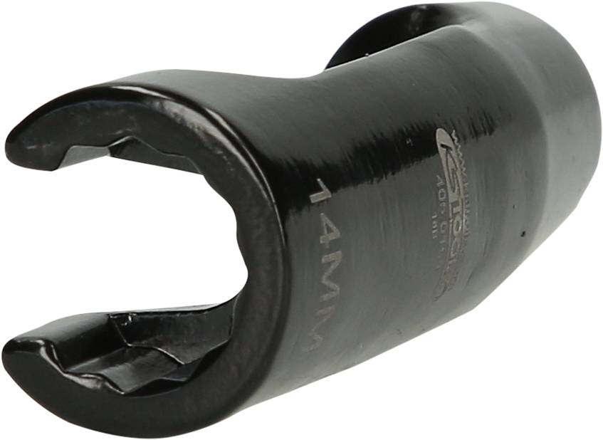 Ein schwarzer 14mm Gabelschlüsselaufsatz für Ratschen, ideal zum Lösen oder Festziehen von Schrauben an schwer zugänglichen Stellen.
