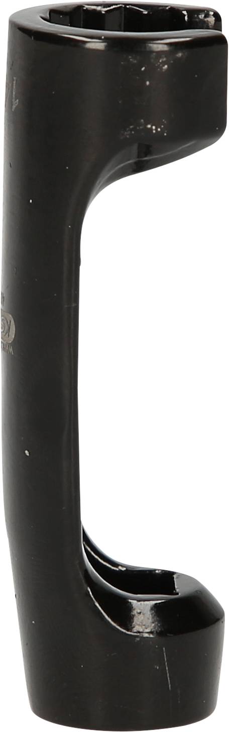 Schwarzer gewinkelter Maulschlüssel aus Metall, aufrecht stehend, mit offenem Ende und Ringschlüssel oben. Werkzeug für Schrauben.