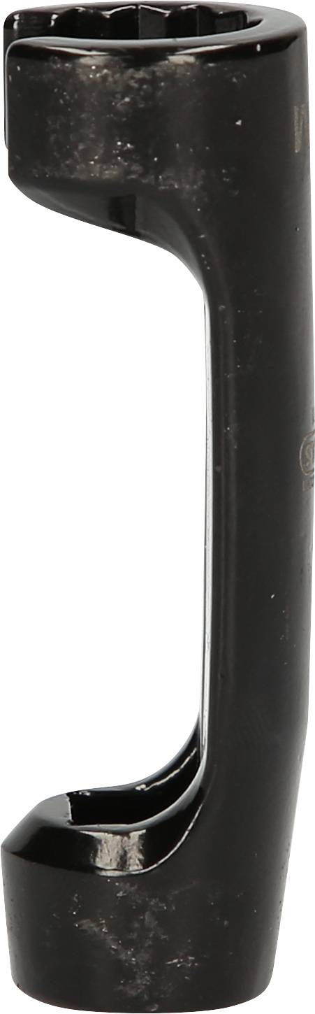 Ein schwarzer Ringschlüssel mit speziellem Design, geeignet für schwer zugängliche Stellen bei Reparaturen.
