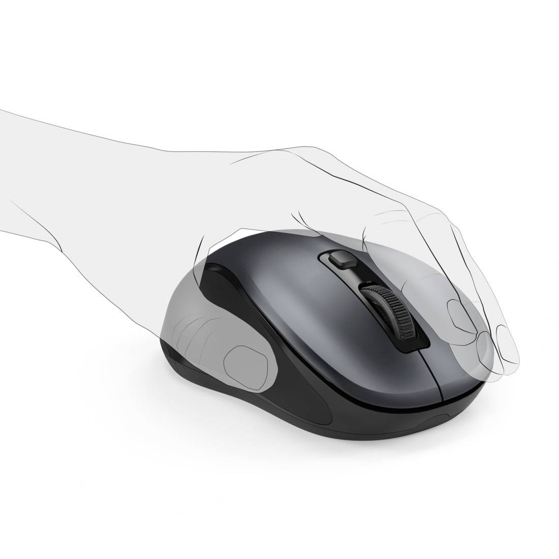 Eine Computermaus mit einer stilisierten Hand, die zeigt, wie man sie richtig hält.