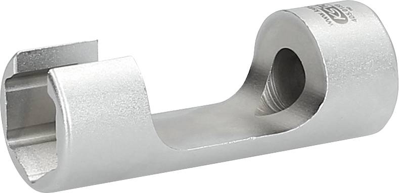 Ein silbernes Metallstück mit einem gebogenen Design und einem Loch an der Seite, möglicherweise ein spezielles Werkzeug oder Bauteil.