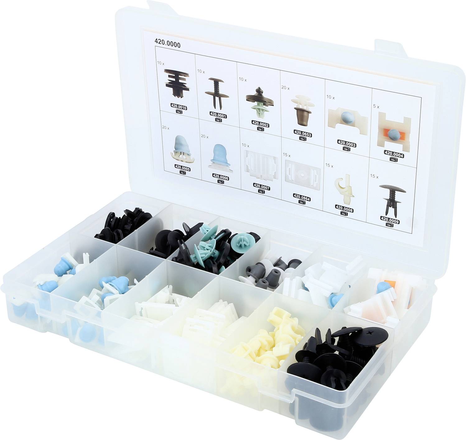 Eine offene Kunststoff-Organisierbox mit mehreren Fächern, die verschiedene Befestigungselemente und Clips enthält, mit einer beschrifteten Inhaltsübersicht auf der Innenseite des Deckels.