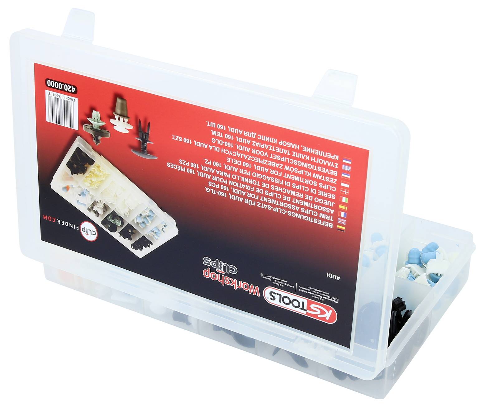 Transparenter Kunststoff-Werkzeugkasten-Organizer mit Verschlüssen, aufgeklappt gezeigt mit kleinen Fächern, in denen verschiedene blaue und schwarze Teile aufbewahrt werden; gekennzeichnet mit „Tools Workshop Clips