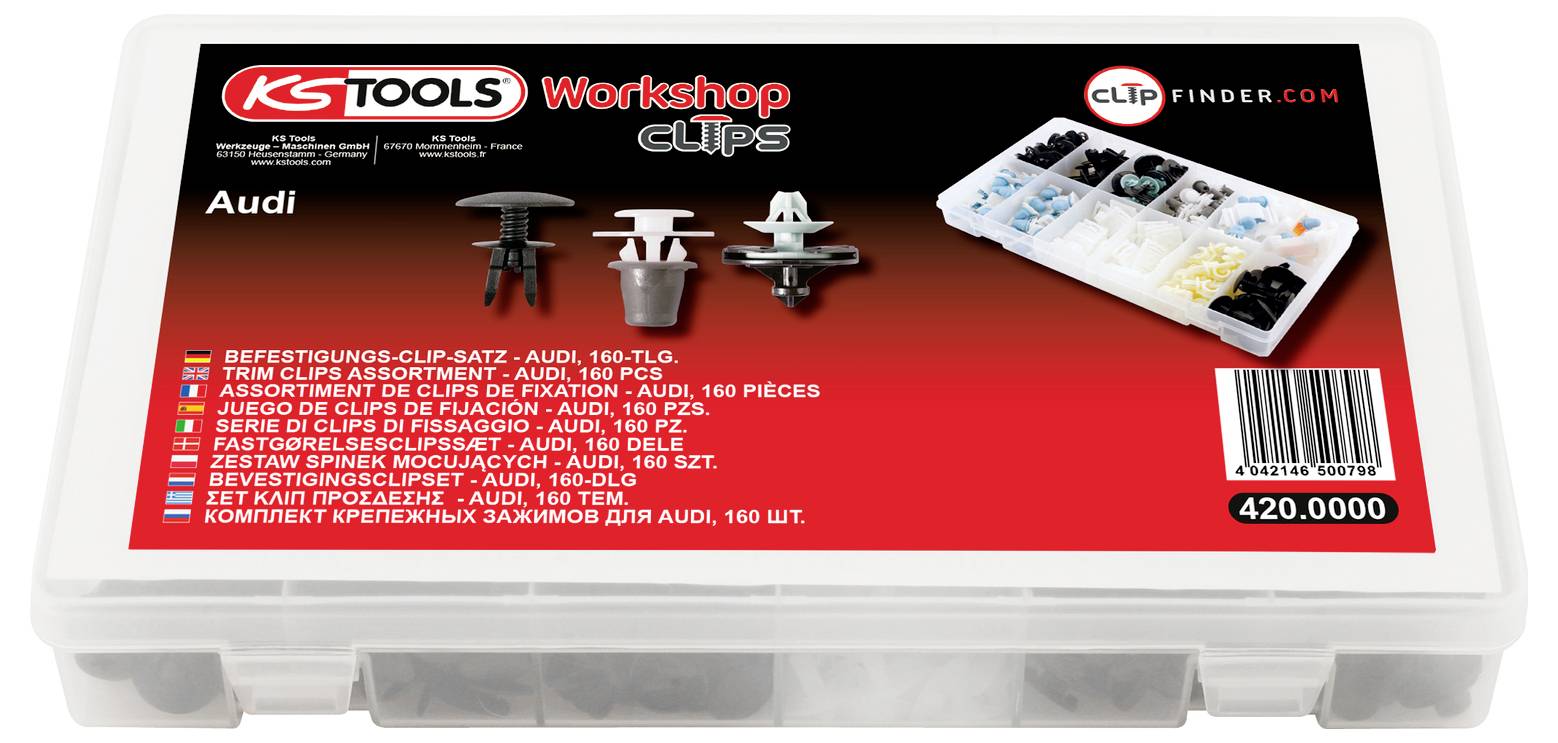 KSTools 'Workshop Clips' Audi-Trimklip-Sortiment in einem Kunststoff-Lagerkastens mit verschiedenen Befestigungselementen und einem Barcode-Etikett.