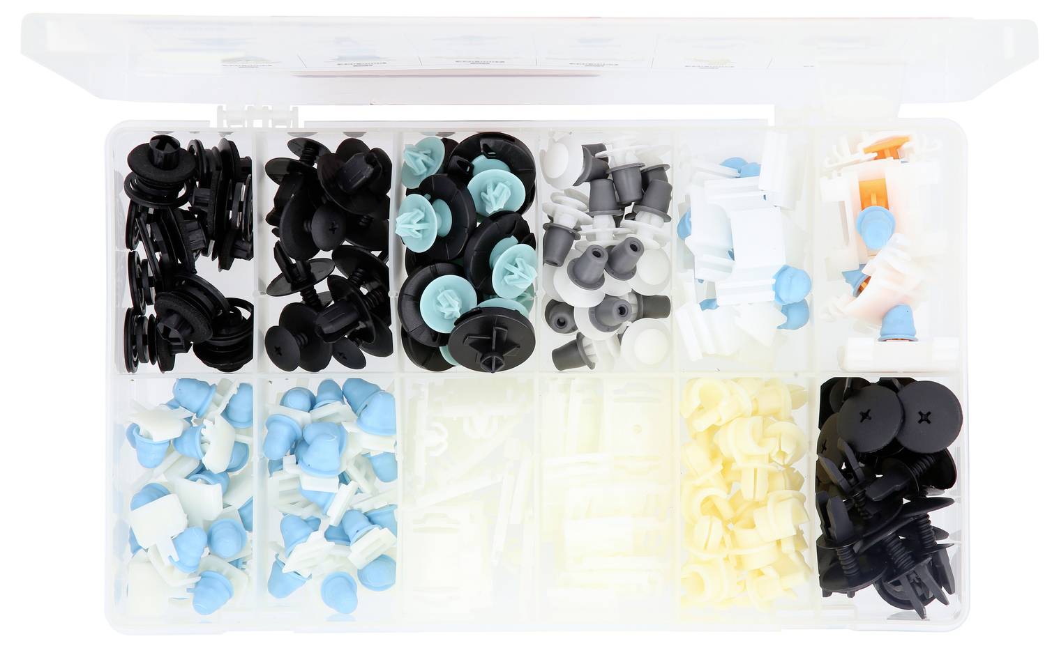 Kunststoff-Organisierbox mit mehreren Fächern, in der verschiedene Reißzwecken, Clips und Befestigungselemente in Schwarz, Blau, Weiß, Grau und Gelb aufbewahrt werden.