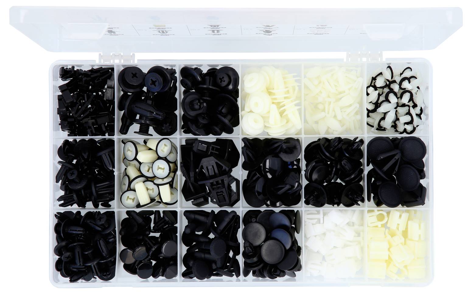 Offene Organisatorbox mit mehreren Fächern, die verschiedene schwarze, weiße und cremefarbene Kunststoffverbinder und Clips enthält.
