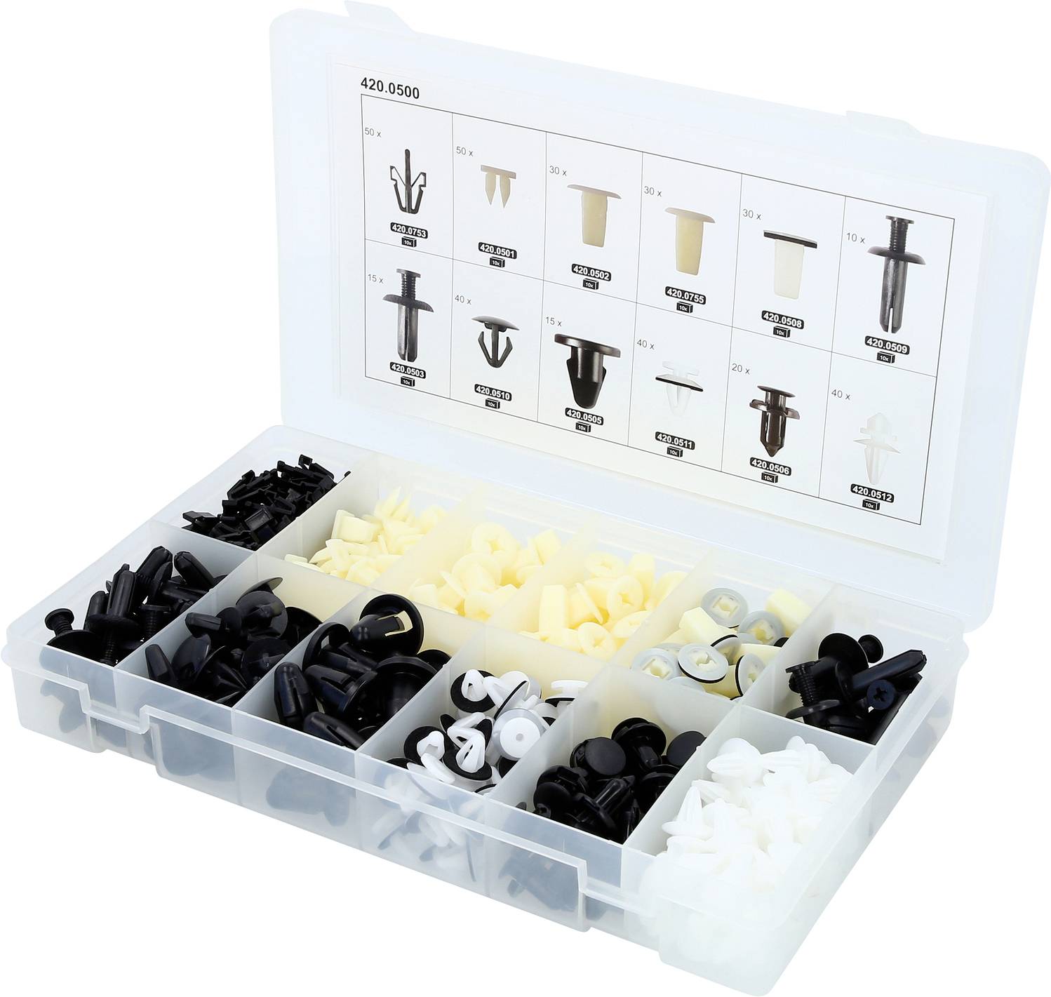 Kunststoff-Organizer-Box mit gemischten Autoverkleidungs-Clips und Befestigungselementen in beschrifteten Fächern, geöffnet mit einer Größentabelle auf dem Deckel.