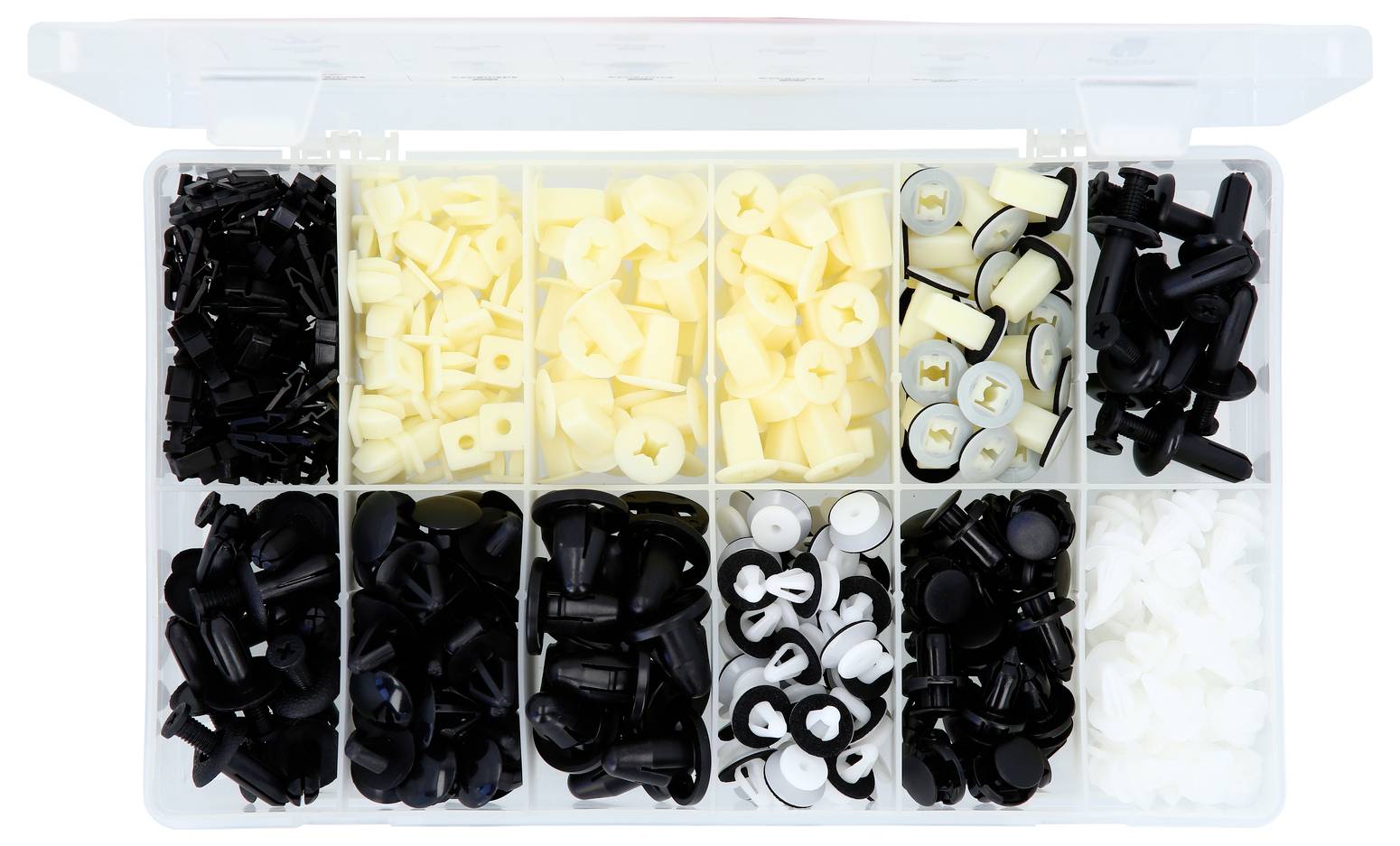 Kunststofflagerbox mit assotierten schwarzen, weißen und cremefarbenen Kunststoff-Druckknöpfen, organisiert in separaten Fächern.