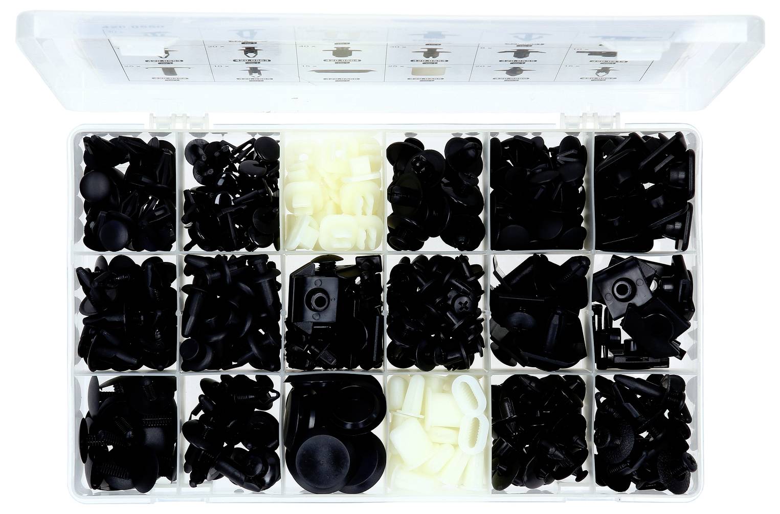 Offene Organizer-Box mit verschiedenen schwarzen und weißen Kunststoffverbindungselementen und Clips in mehreren Fächern.
