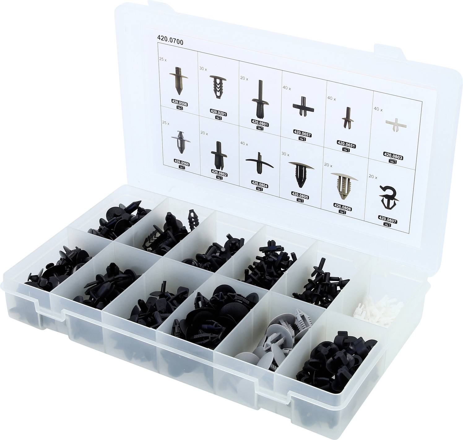 Offene Kunststoff-Organisierbox mit unterteilten Fächern voller sortierter schwarzer und weißer Clips, Deckel zeigt beschriftete Clip-Formen und -Größen.
