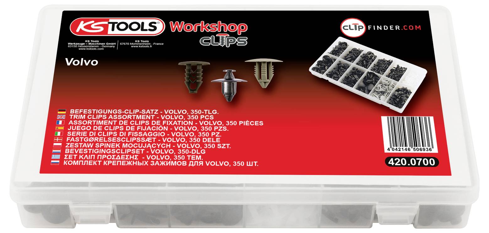 Ein Kunststoffteile-Behälter mit der Bezeichnung „KS TOOLS Werkstatt-Clips